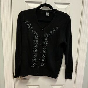 Happie SZ M Women’s Black Cardigan Floral Detail Wool Cotton Blend Soft Button